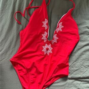 Cupshe Red One Piece Swimsuit with White Embroidery